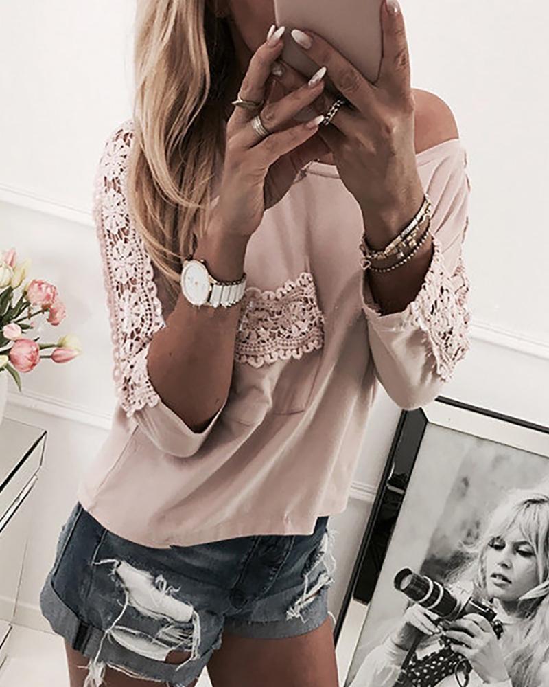 

Crochet Lace Patchwork Casual T-shirt, Pink