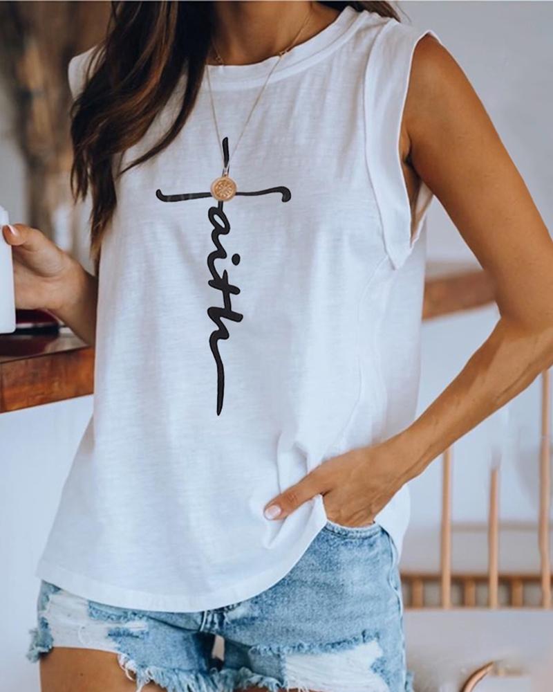 

Letter Pattern Print Sleeveless Casual Top, White