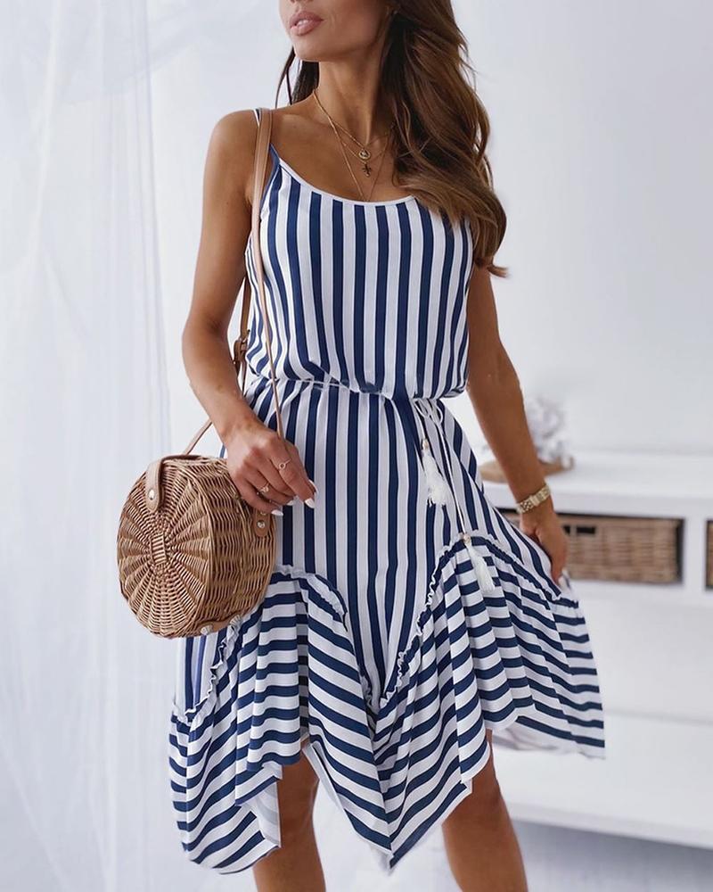 

Striped Spaghetti Strap Irregular Hem Casual Dress, Blue