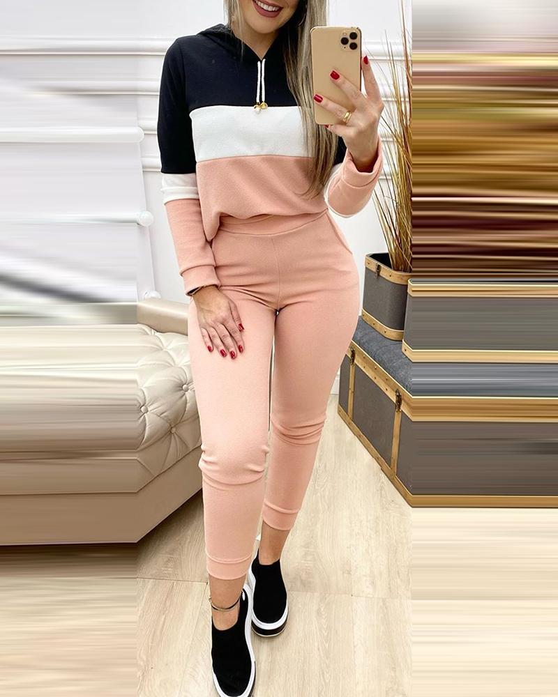 

Colorblock Hooded Top & High Waist Pants Set, Pink