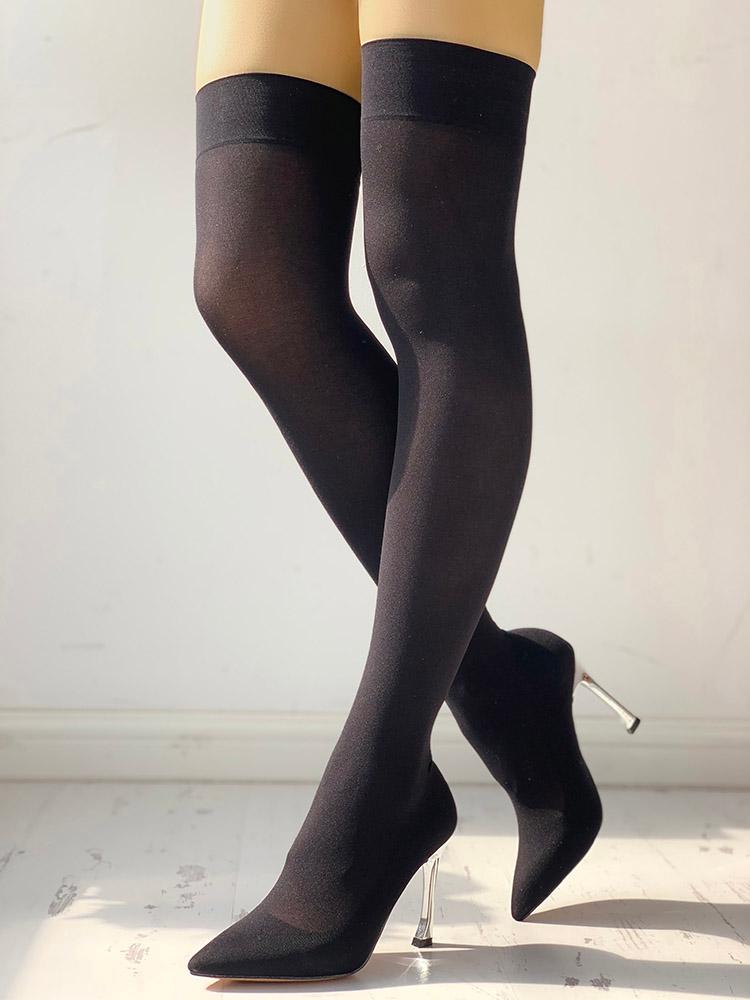 

Solid Pointed Toe Metallic Heeled Thigh High Boots