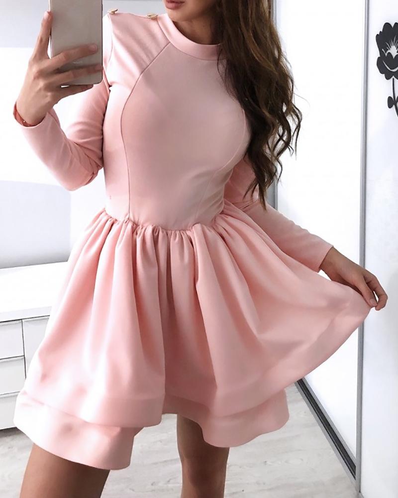 

Solid Mock Neck Long Sleeve Ruched Ruffles Dress