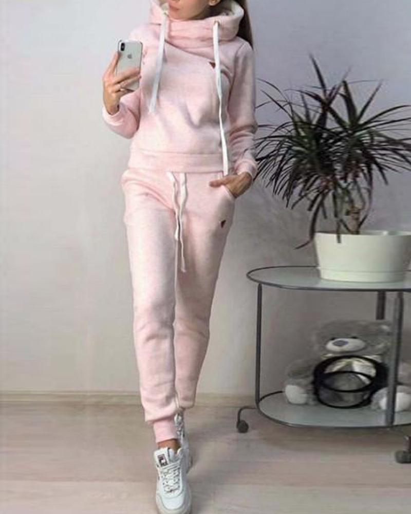 

Solid Hooded Faux Fleece Tracksuit, Pink
