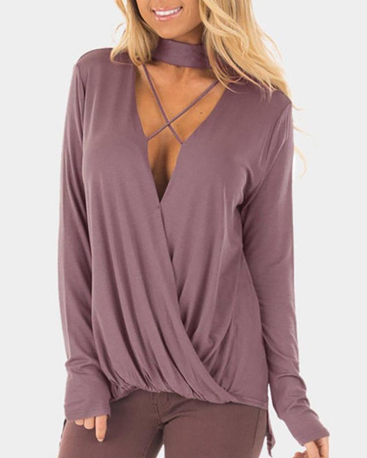

Solid Choker Crisscross Wrap Blouse