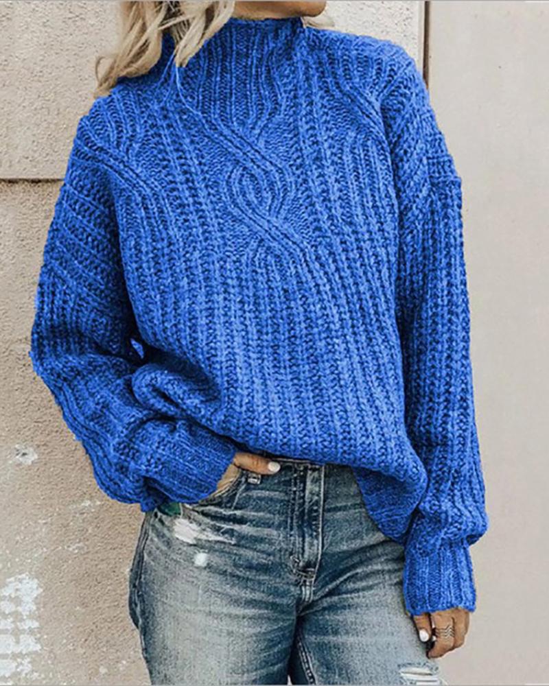 

Solid High Neck Knit Casual Sweater, Dark blue