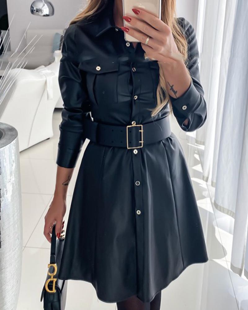 

Faux Leather Button Front Dress, Black