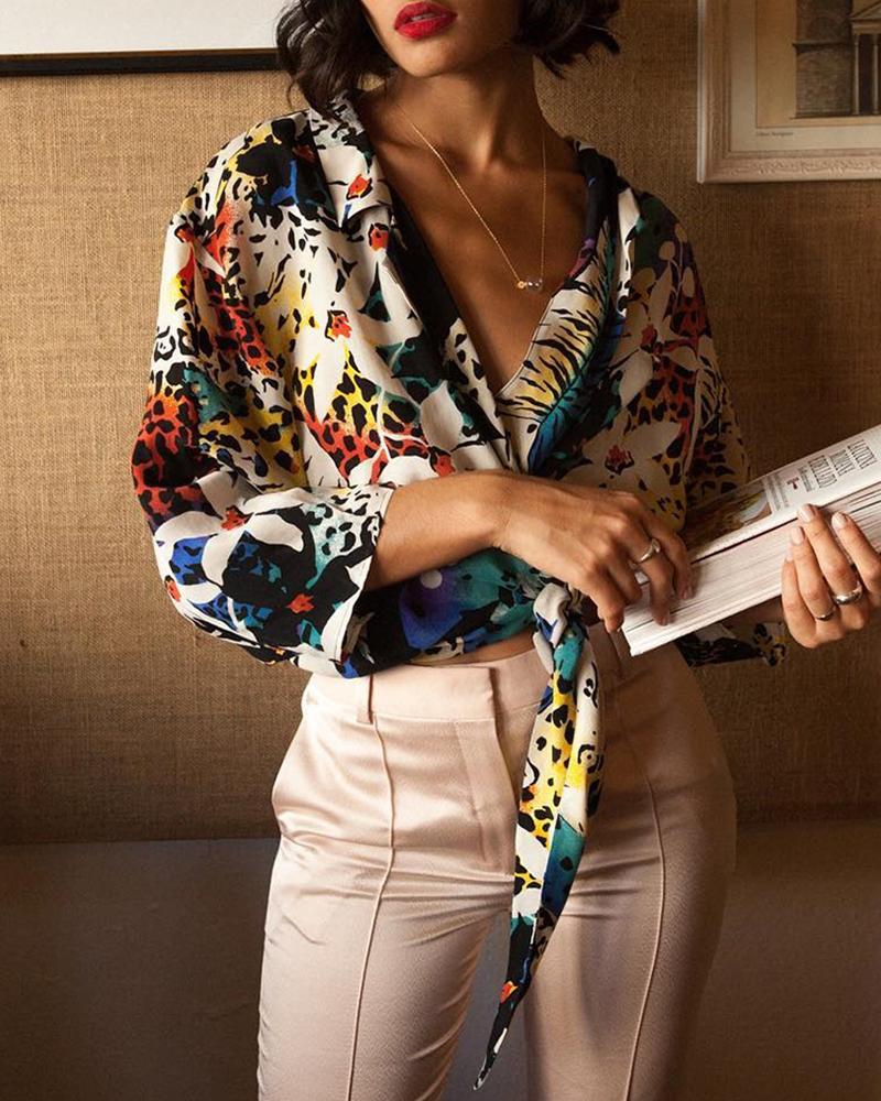 

Colorful Print Knotted Casual Blouse