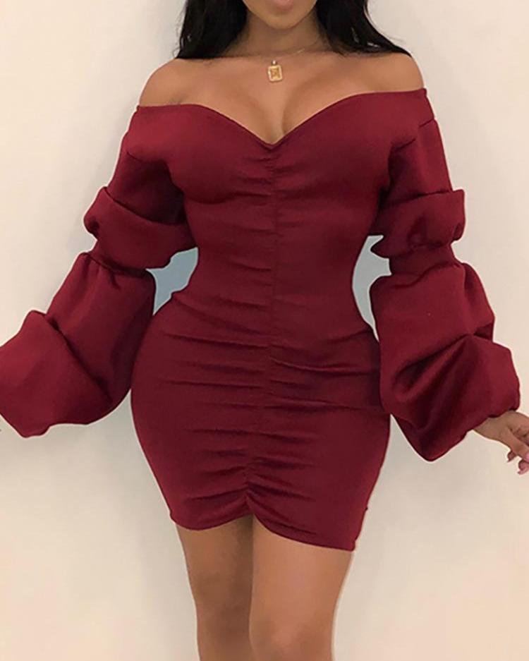 

Off Shoulder Puffed Sleeve Ruched Dress, Wine red