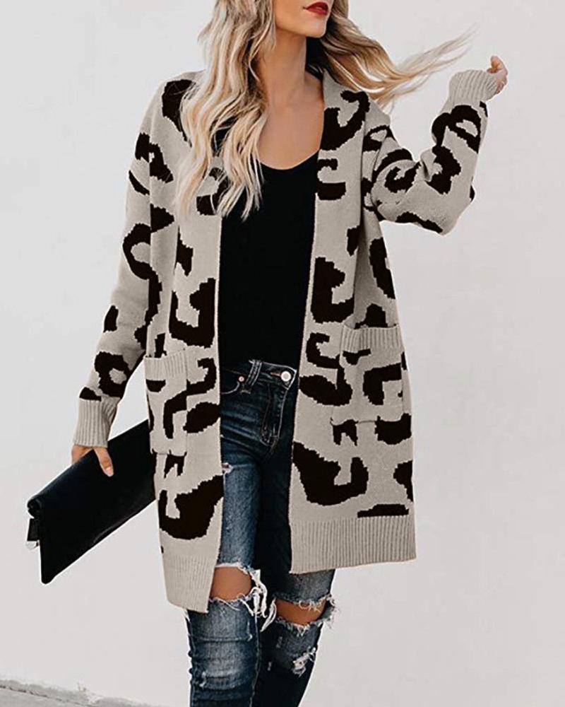 

Leopard Open Front Pocket Casual Cardigan, Khaki
