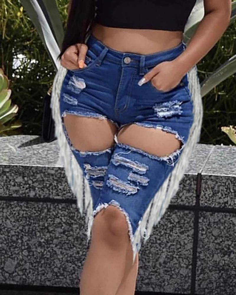 

Ripped Cutout Tassel Design Denim Shorts, Blue