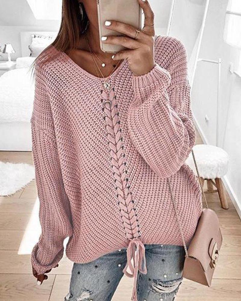 

V Neck Rib Knit Sweater, Pink