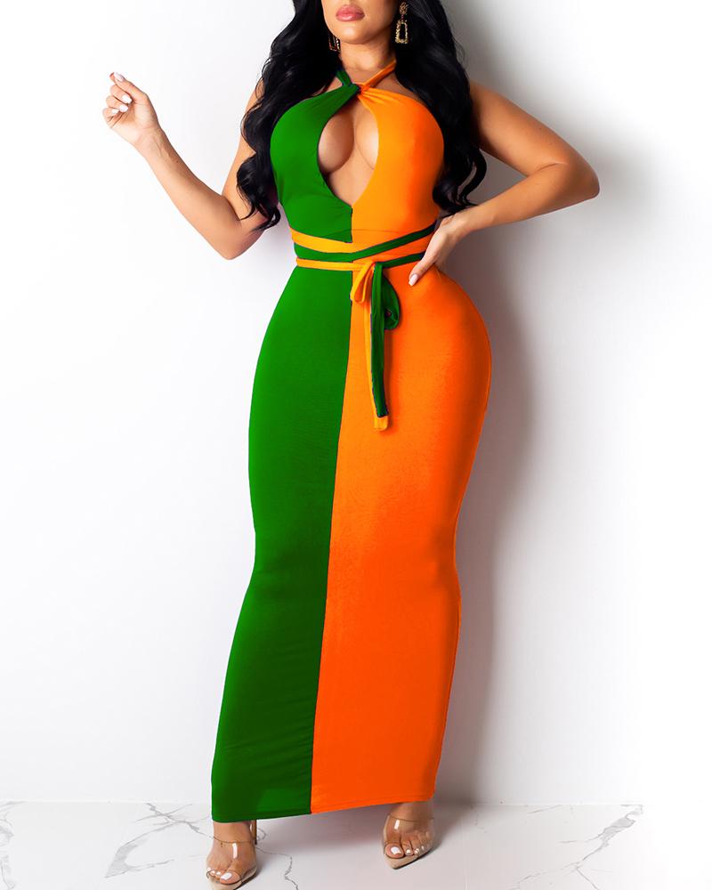 

Color Block Halter Crisscross Back Maxi Dress, Green