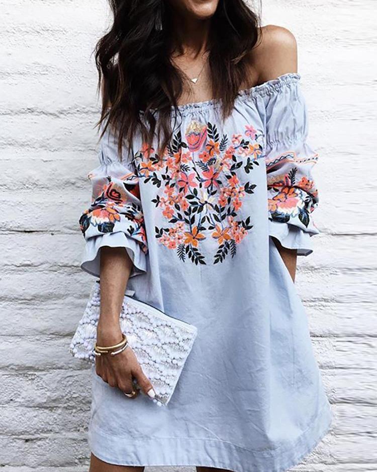 

Hot Shirring Off Shoulder Floral Casual Dress, Blue