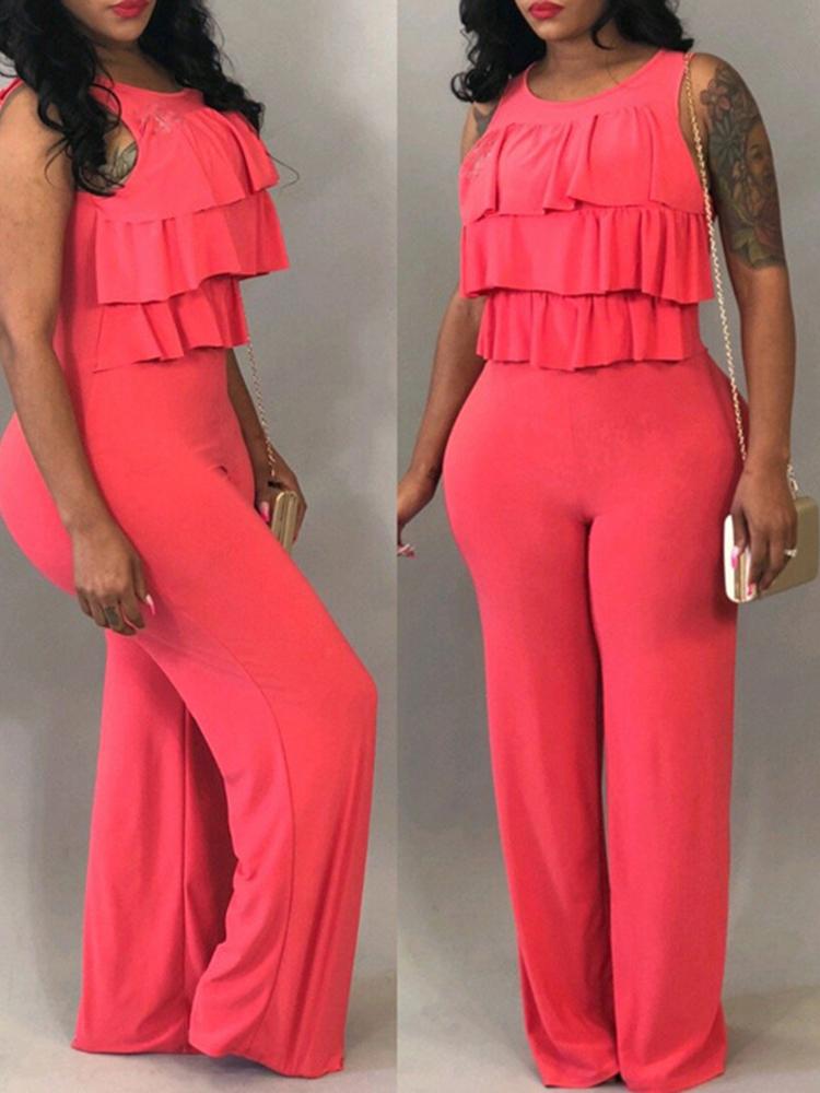 

Solid Layered Ruffle Design Wide Leg Jumpsuit