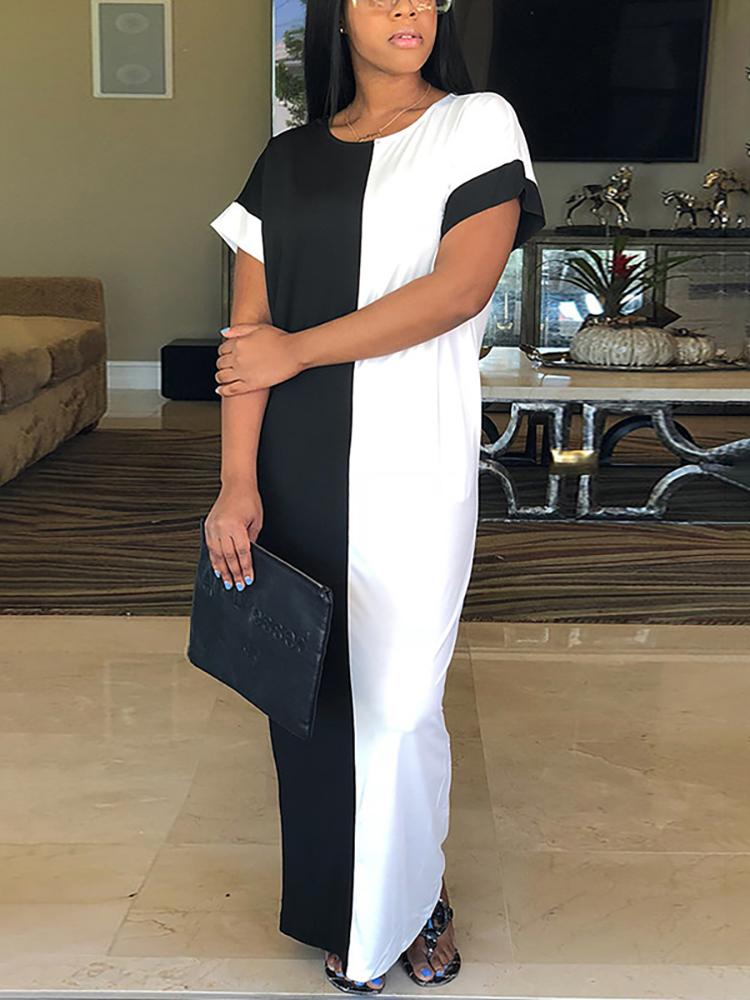 

Contrast Color Loose T-shirt Maxi Dress, Black