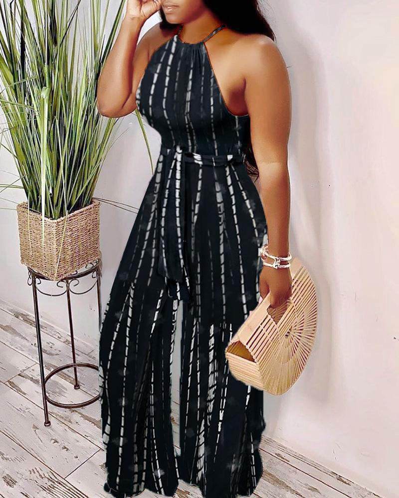 

Halter Tie Dye Print Sleeveless Jumpsuits, Black&white