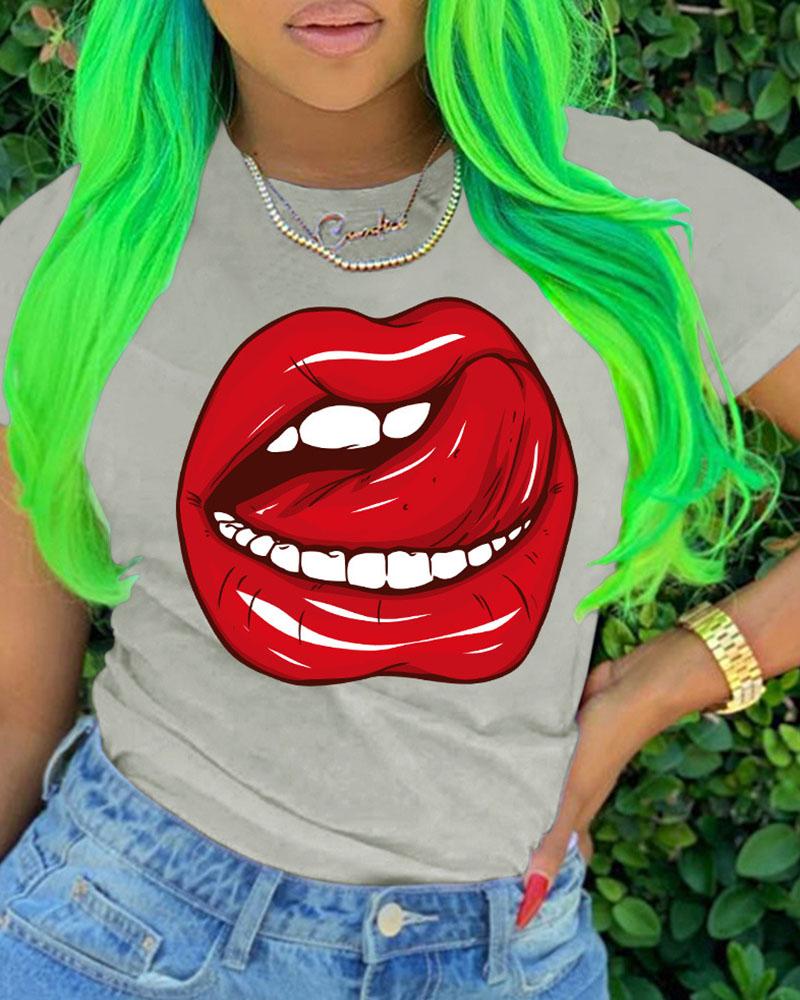

Lip Print Short Sleeve Casual T-shirt, Gray