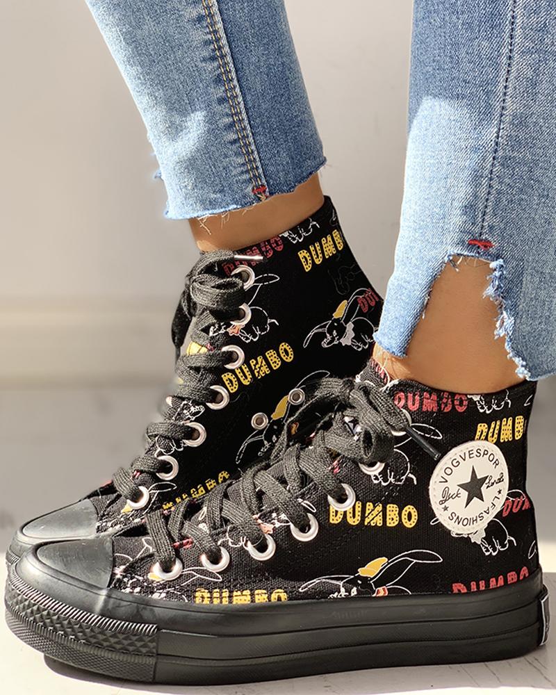 

Lace Up Letter Casual Sneakers, Black