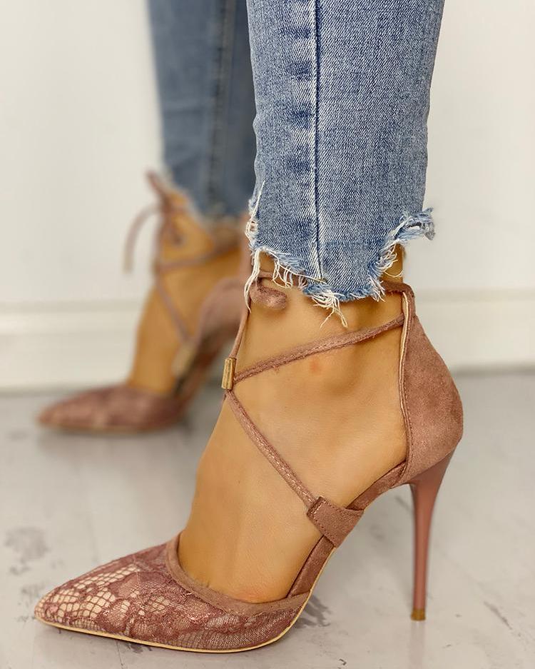 

Lace Hollow Out Lace-Up Thin Heeled Sandals, Purple