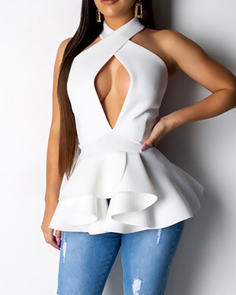 

Crisscross Halter Cutout Ruffles Blouse