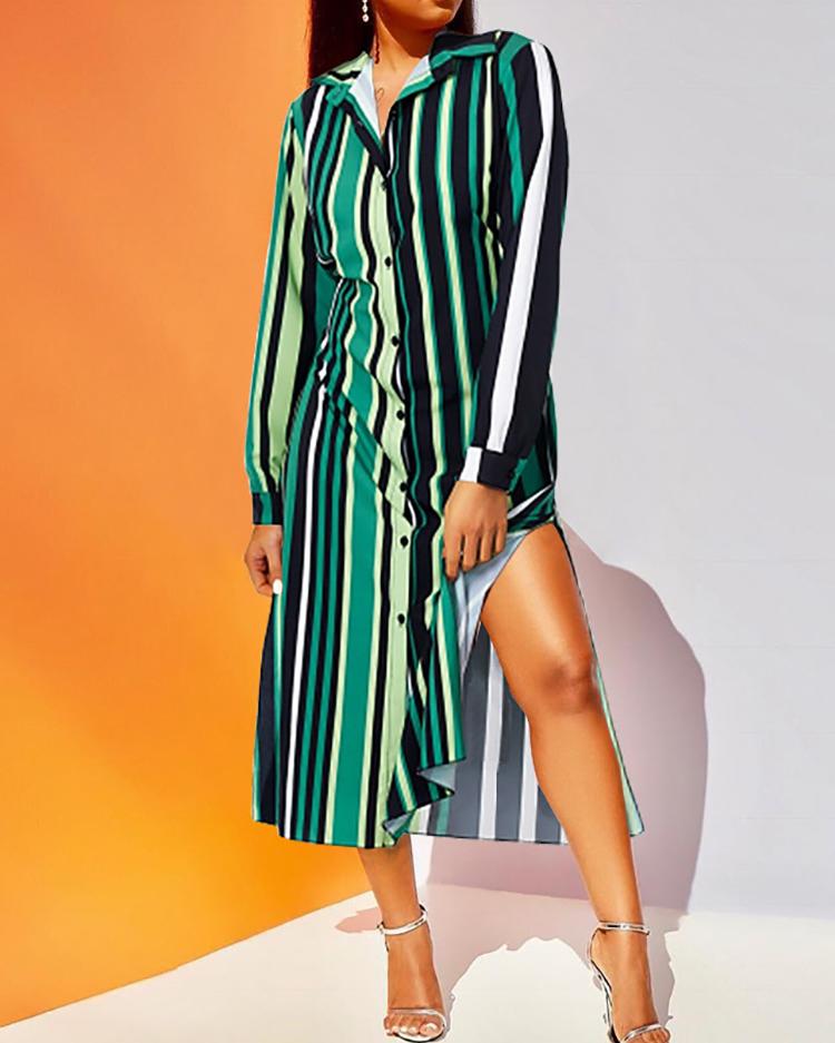 

Causal Contrast Striped Slit Shirt Dress, Green