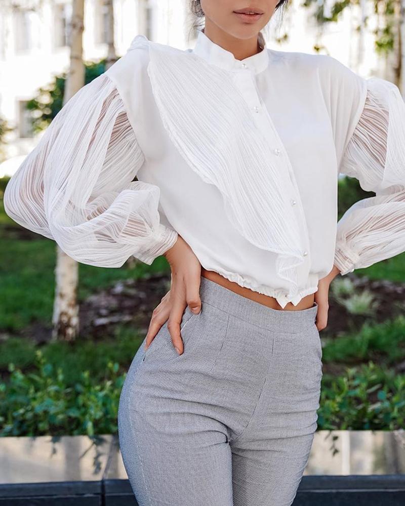 

Solid Patchwork Design Buttoned See Through Sleeve Shirt, White