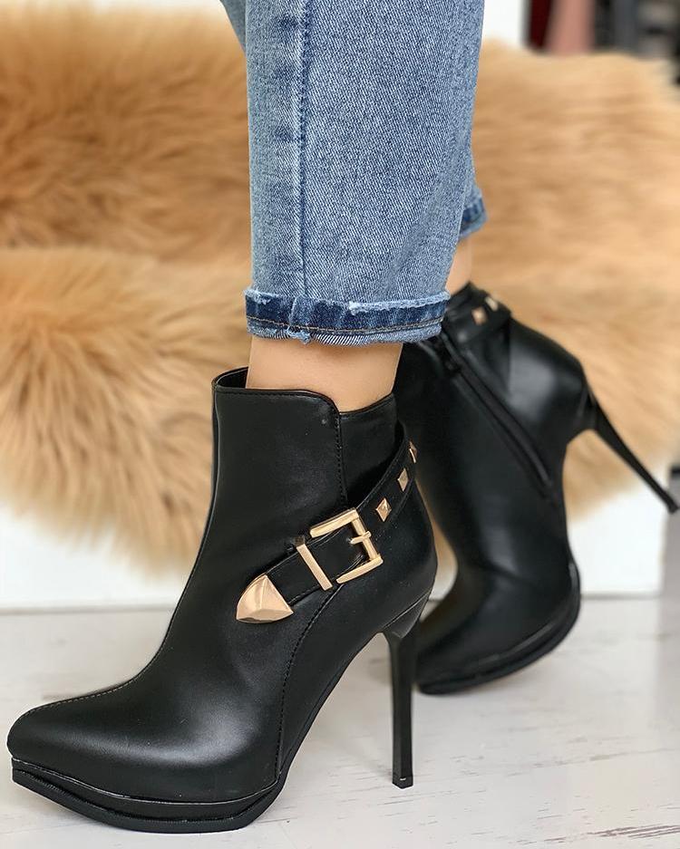 

Metallic Buckle Platform Thin Heeled Boots, Black