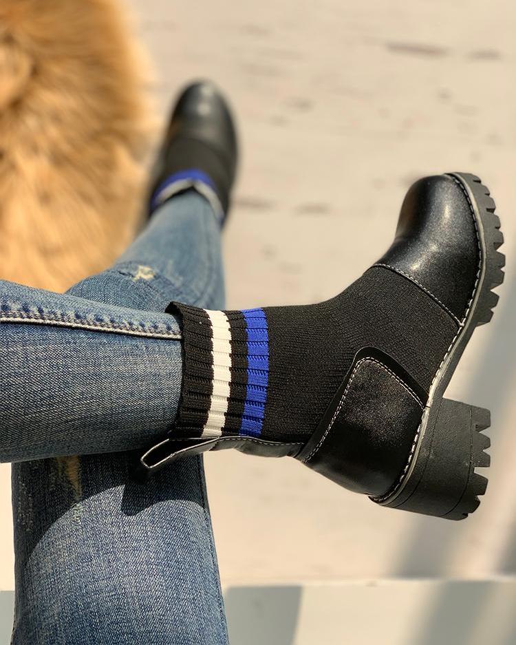 

Stripes Non-Slip Chunky Heeled Boots, Blue