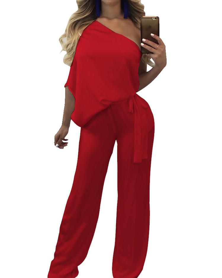 

Trendy One Shoulder Tied Waist Flared Jumpsuit