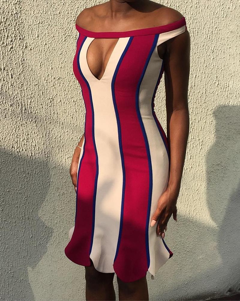 

Off Shoulder Colorblock Striped Bodycon Dress, Hot pink
