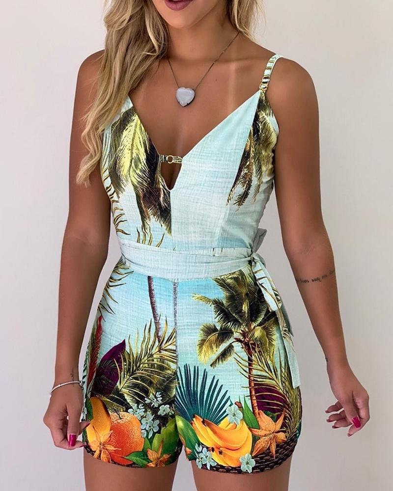 

Sling V Neck Tropical Print Romper, Light blue