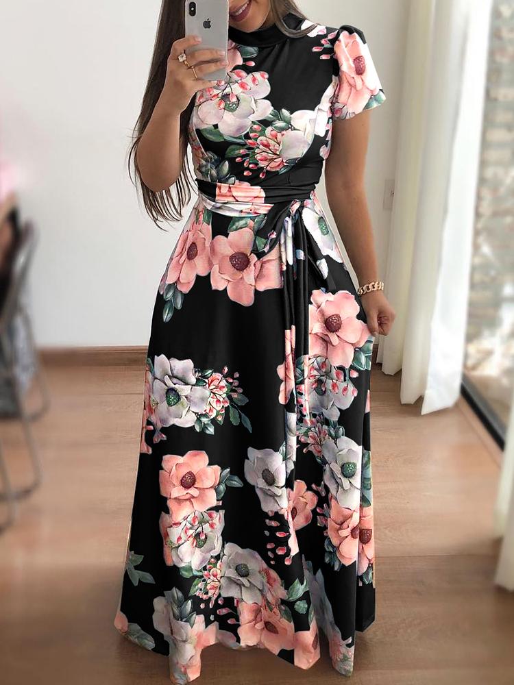 

Floral Print Short Sleeve Tie Waist Maxi Dress, Black