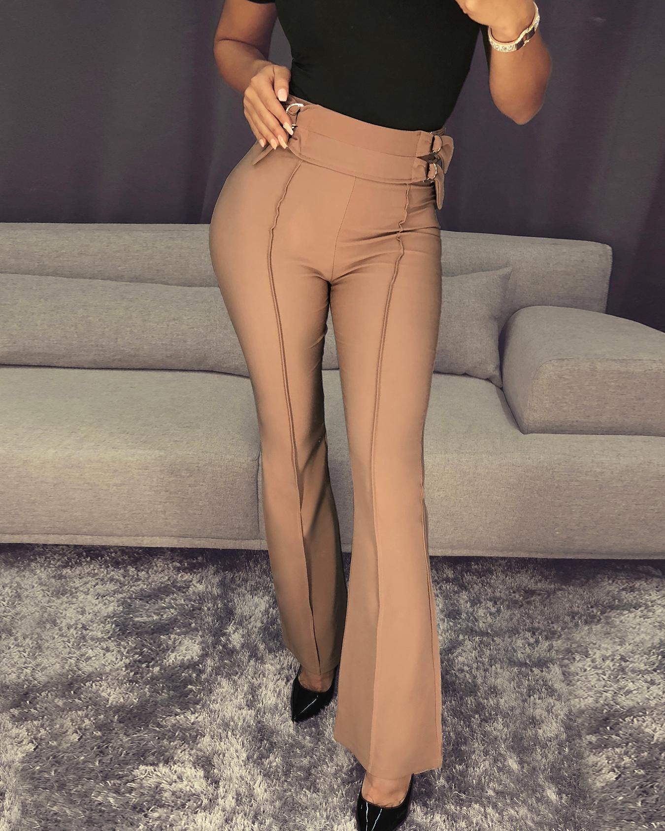 

High Waist Flared Bottom Pants, Light brown