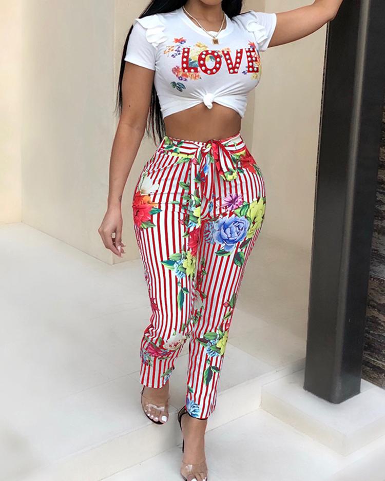 

Floral Print Cropped Top & Belted Pant Set, Red
