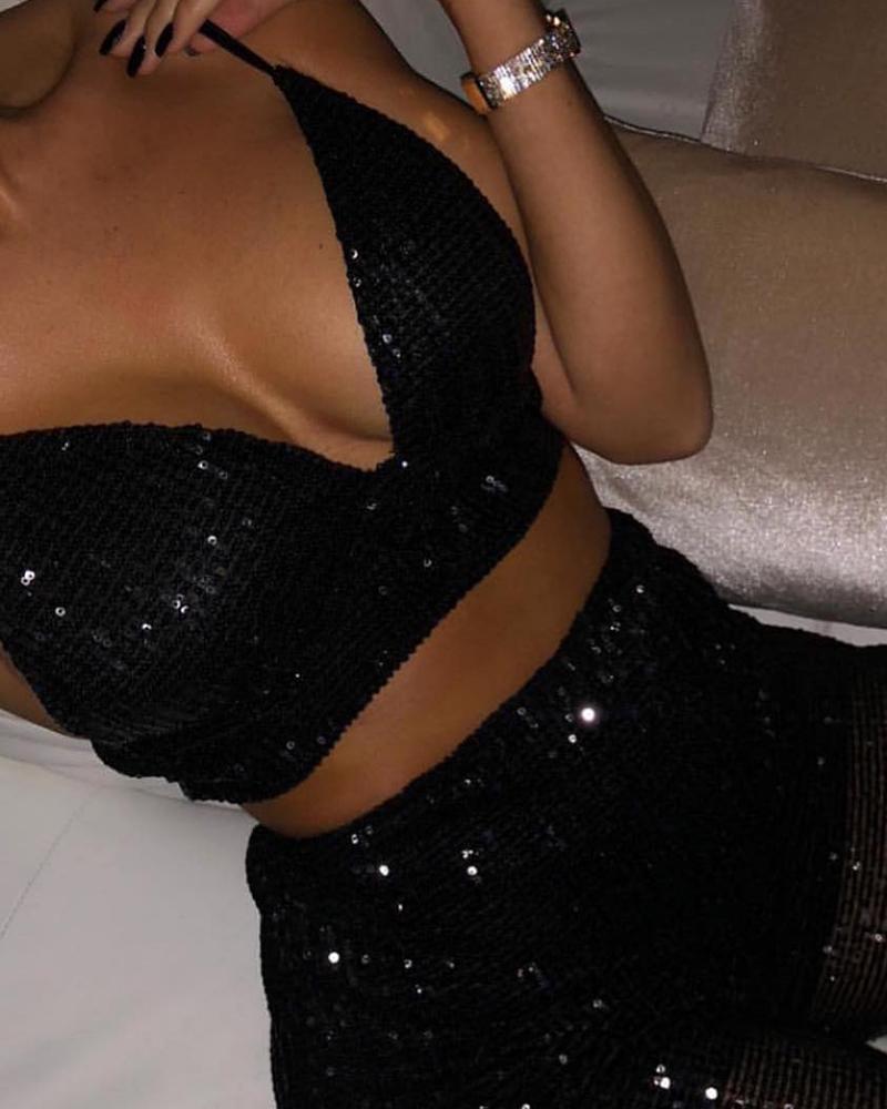 

Sexy Sequin Crop Top & Pants, Black