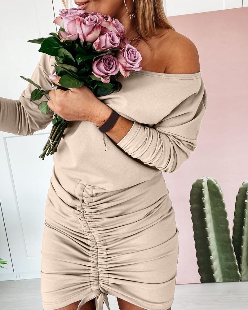 

Solid Long Sleeve Drawstring Ruched Dress, Khaki