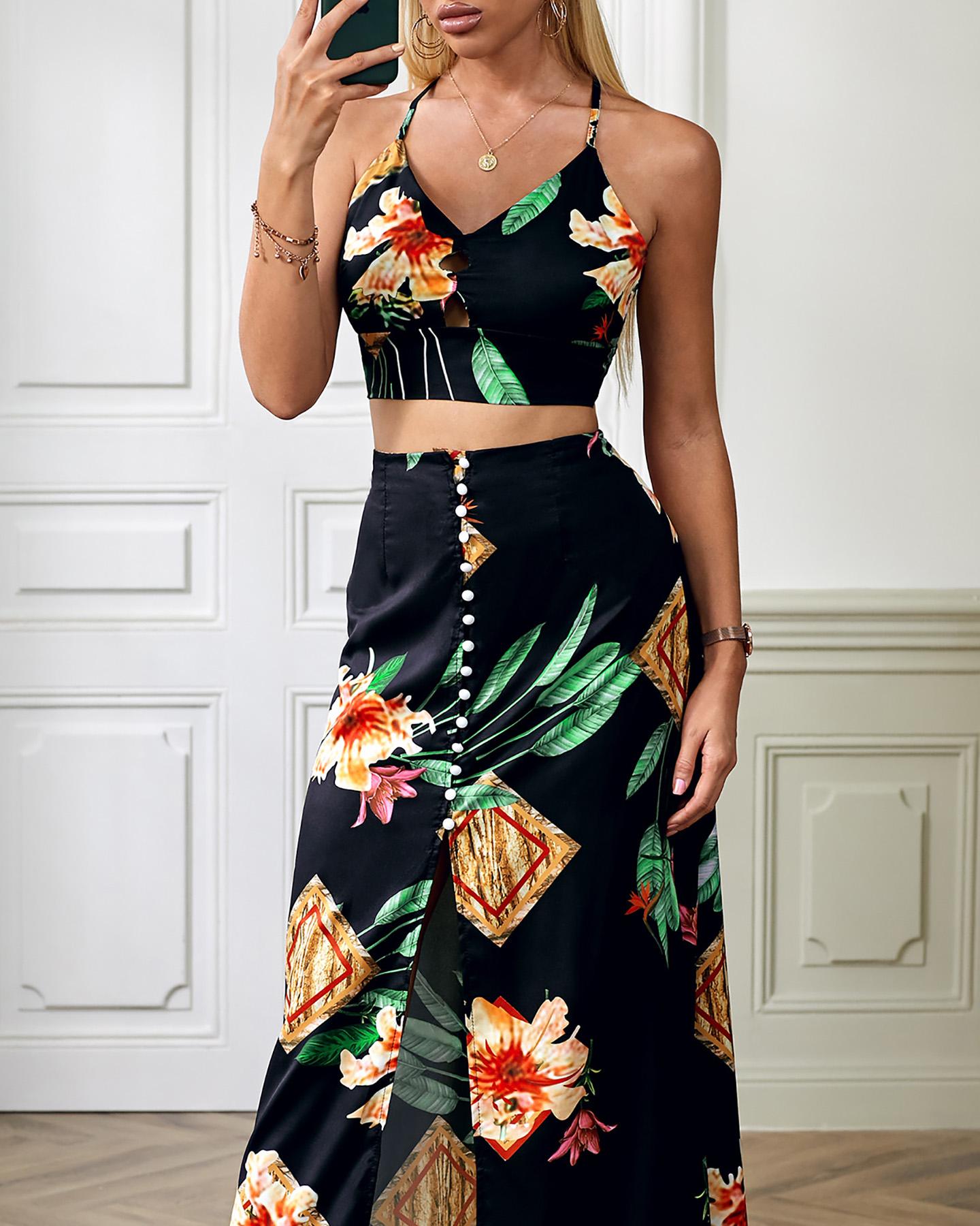 

Floral Print Crisscross Back Top & Slit Skirt Set, Black