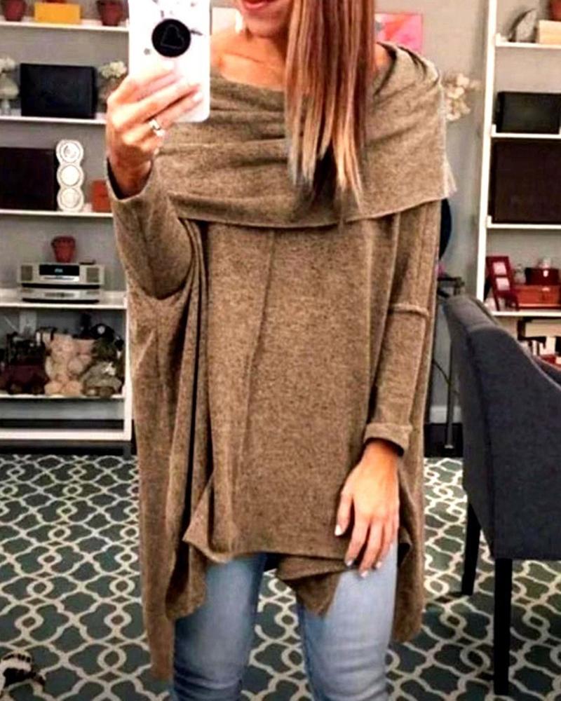 

Solid Off Shoulder Long Sleeve Irregular Hem Blouse, Khaki