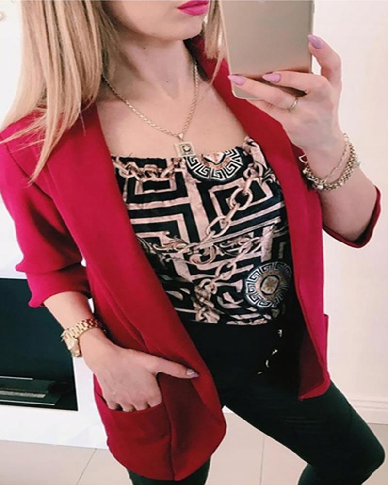 

Solid Notched Collar Pocket Design Blazer, Red