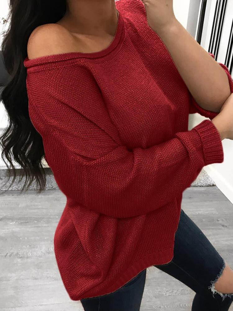 

Solid Long Sleeve Plus Size Casual Sweater, Wine red