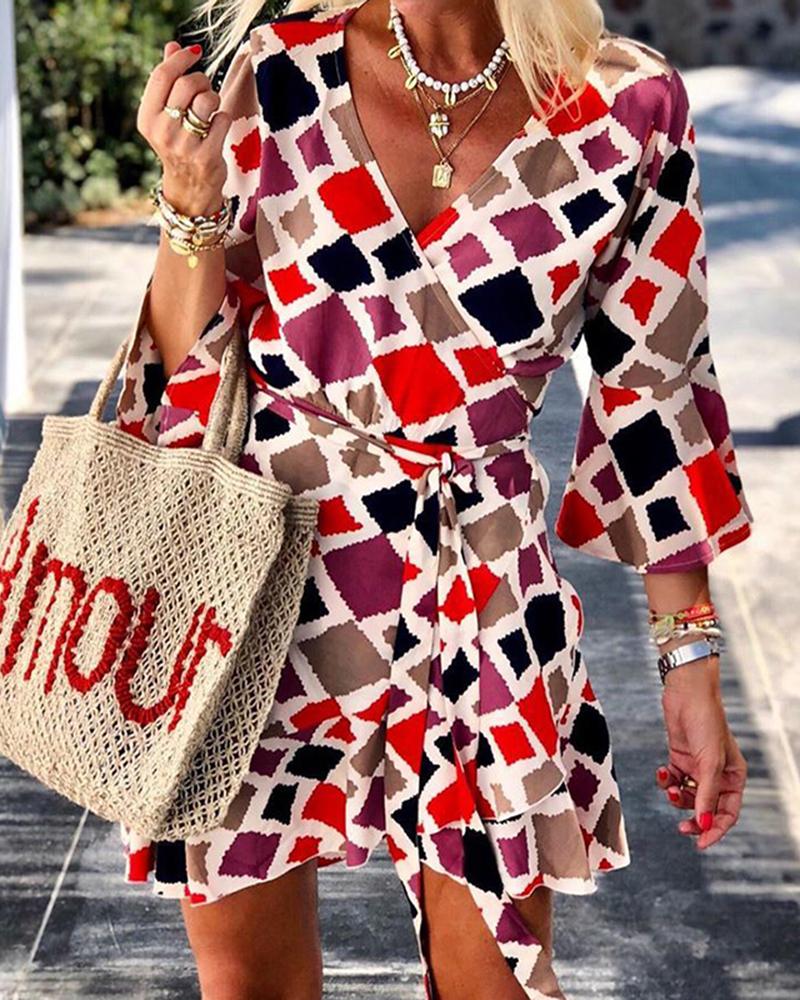 

Long Sleeve Printed V-neck Casual Dress, Multicolor