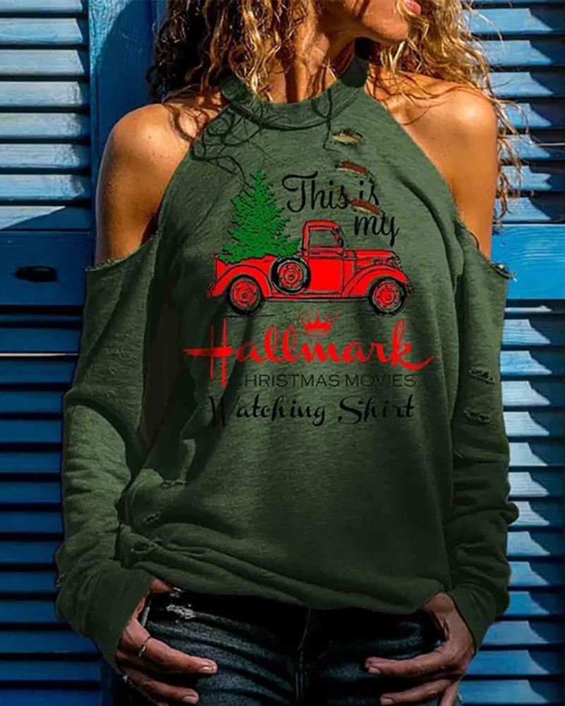 

Christmas Letter Car Print Cutout Cold Shoulder Top, Green