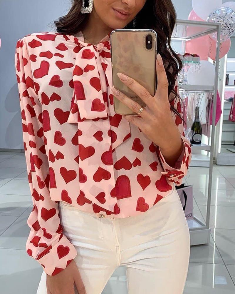 

Heart Print Tied Neck Casual Blouse