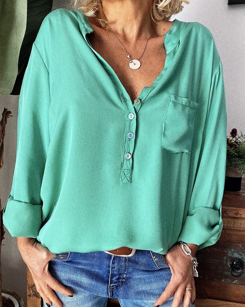 

Solid Bottoned Pocket Casual Shirt, Green
