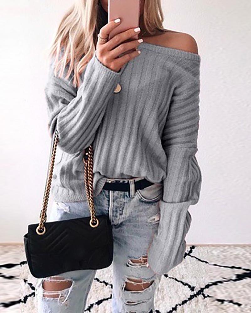 

Solid Long Sleeve Casual Sweater, Gray