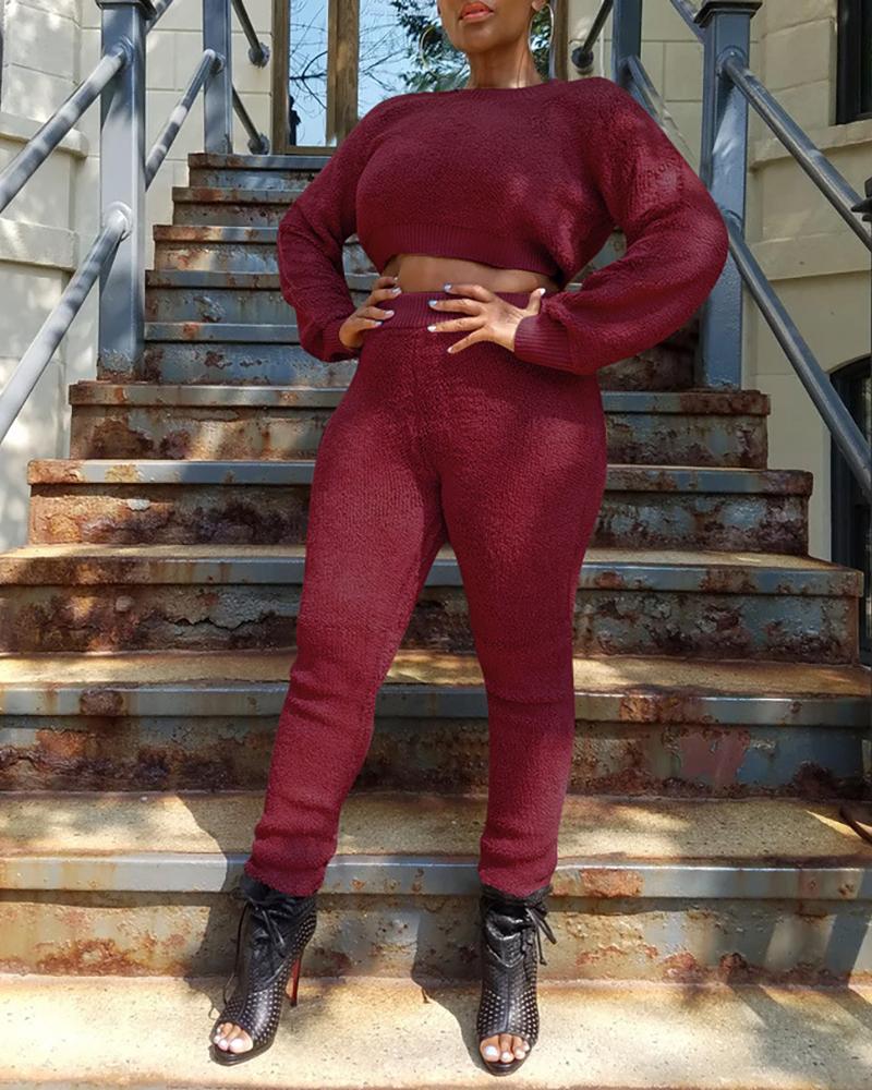 

Round Neck Long Sleeve Fluffy Crop Top & Pants Sets, Wine red