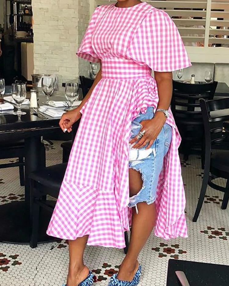 

Gingham Print Side Slit Cape Sleeve Flounced Blouse, Pink