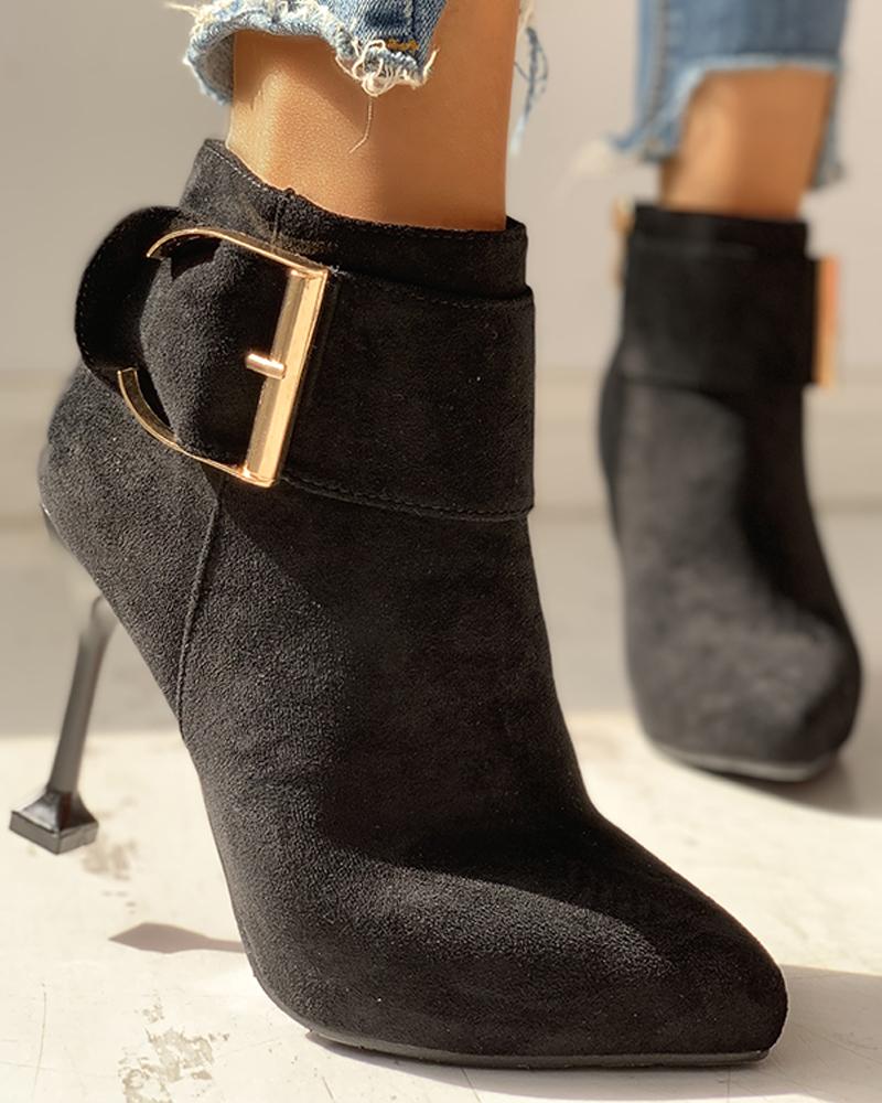 

Suede Pointed Toe Ankle-Buckled Thin Heeled Boots, Black