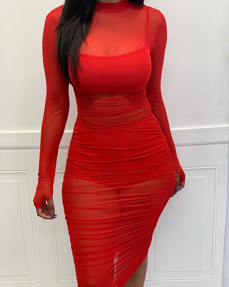 

Solid Mesh See Through Long Sleeve Ruched Dress