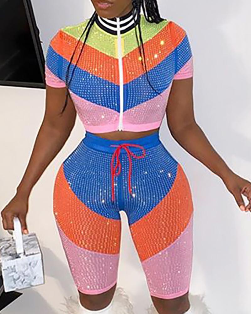 

Glitter Hot Stamping Colorblock Zipper Crop Top & Shorts Sets, Multicolor